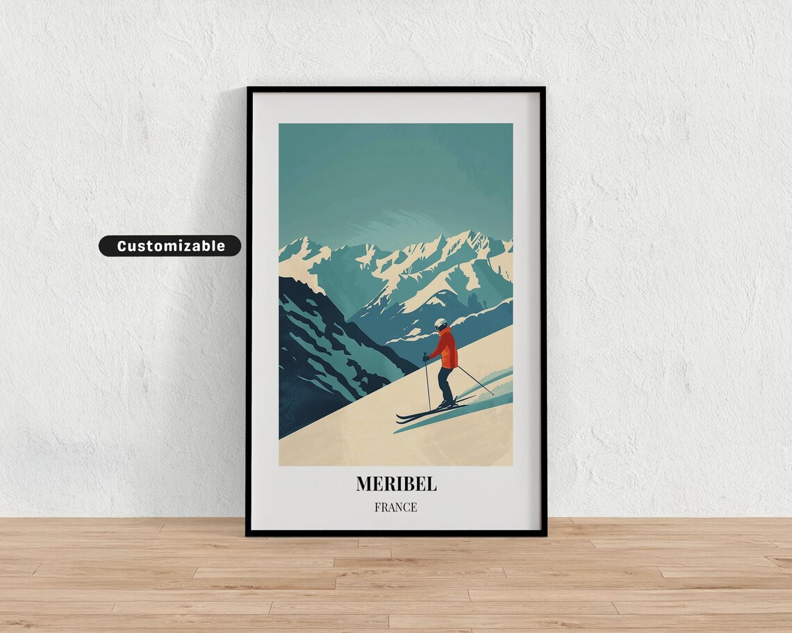 Meribel France Skier Carving Downhill Slope Snowy Alpine Peaks Poster