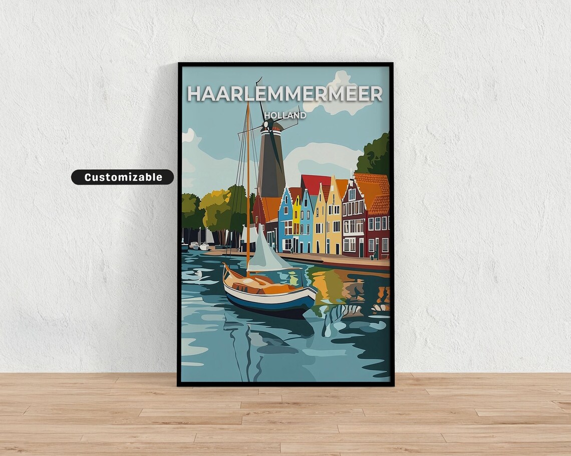 Haarlemmermeer Holland Windmill Canal Boat Vintage Travel Poster