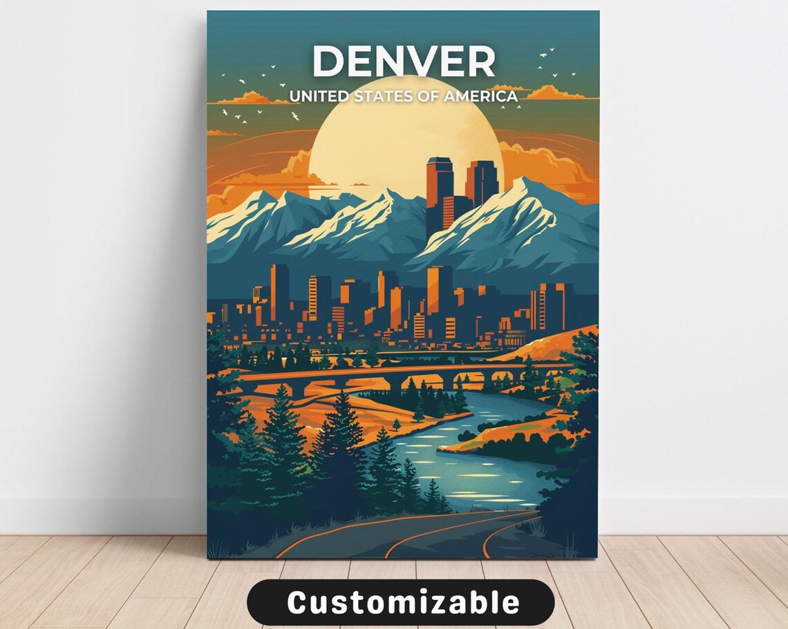 Denver Colorado Rocky Mountains Sunset Skyline Retro Travel Poster