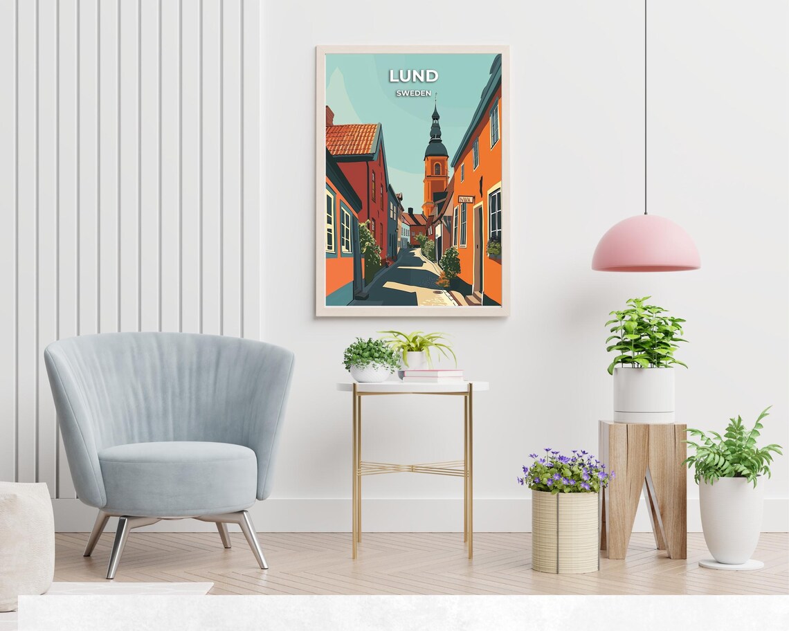 Lund Sweden Historic Cobblestone Street With Cathedral Tower Poster - Image 2