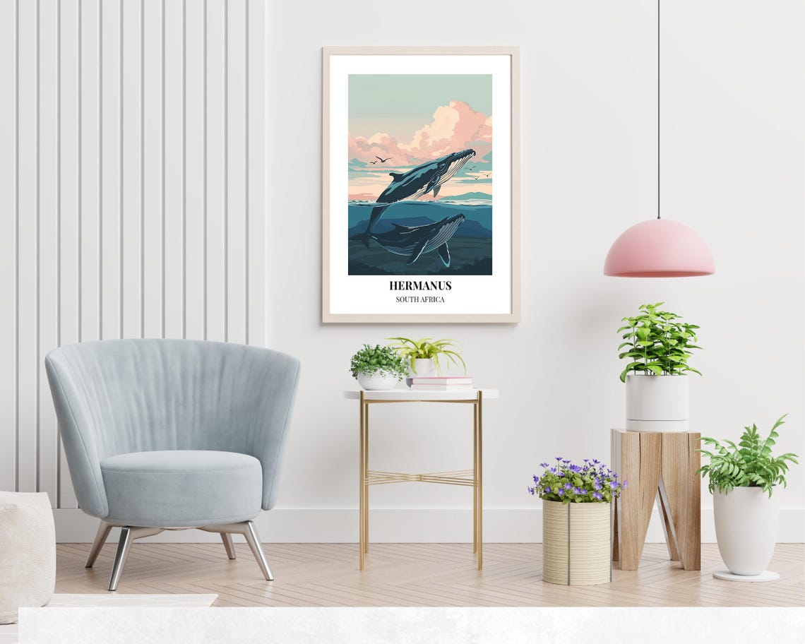 Hermanus South Africa Sunset Breaching Whales Pair Art Poster - Image 2