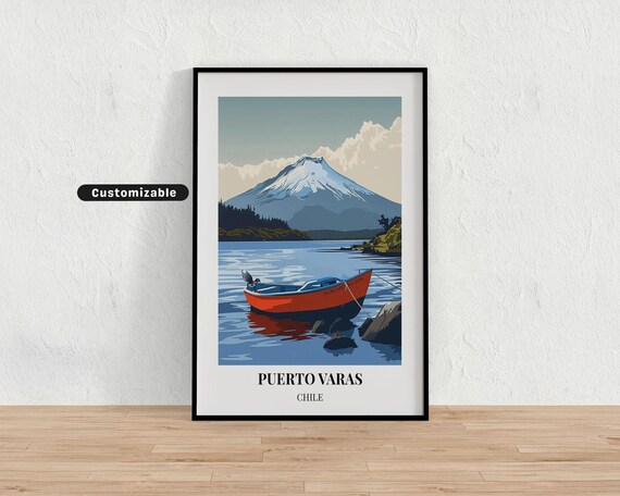 Puerto Varas Chile Red Boat Volcano Lake Vintage Travel Poster
