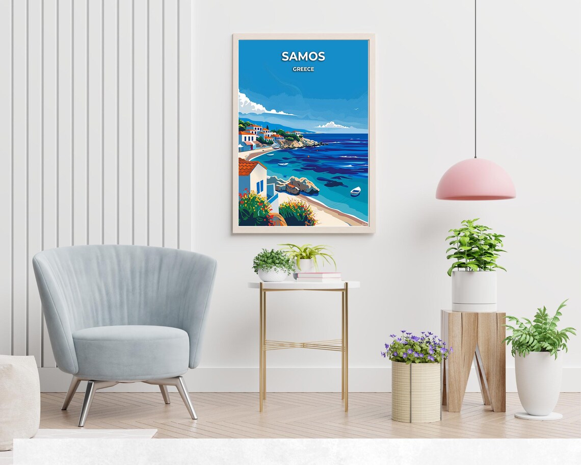 Samos Greece Coastal White Village Beach Aegean Travel Art Poster - Image 2