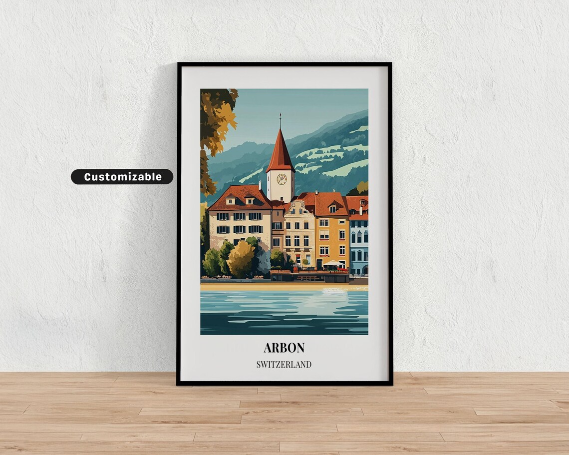 Arbon Switzerland Lakefront Clock Tower Old Town Travel Poster