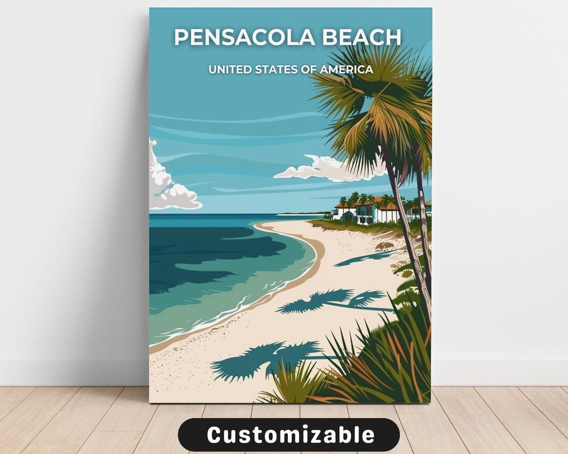 Sunny Retro Pensacola Beach Florida Palm Shoreline Travel Poster