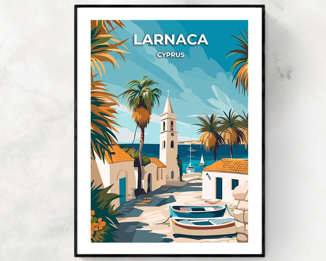 Larnaca Harbor With Palms Boats and Church Tower Travel Poster