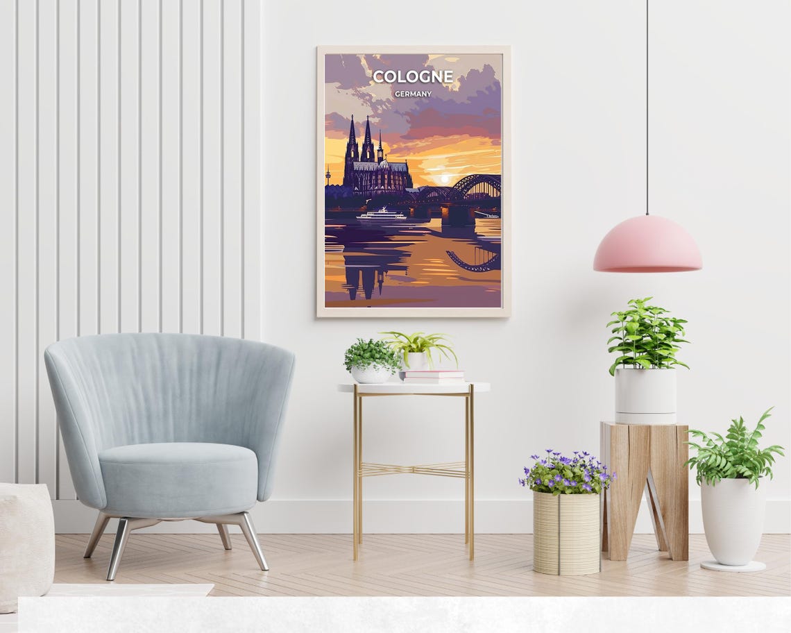 Cologne Germany Cathedral and Rhine River Sunset Bridge Travel Poster - Image 2