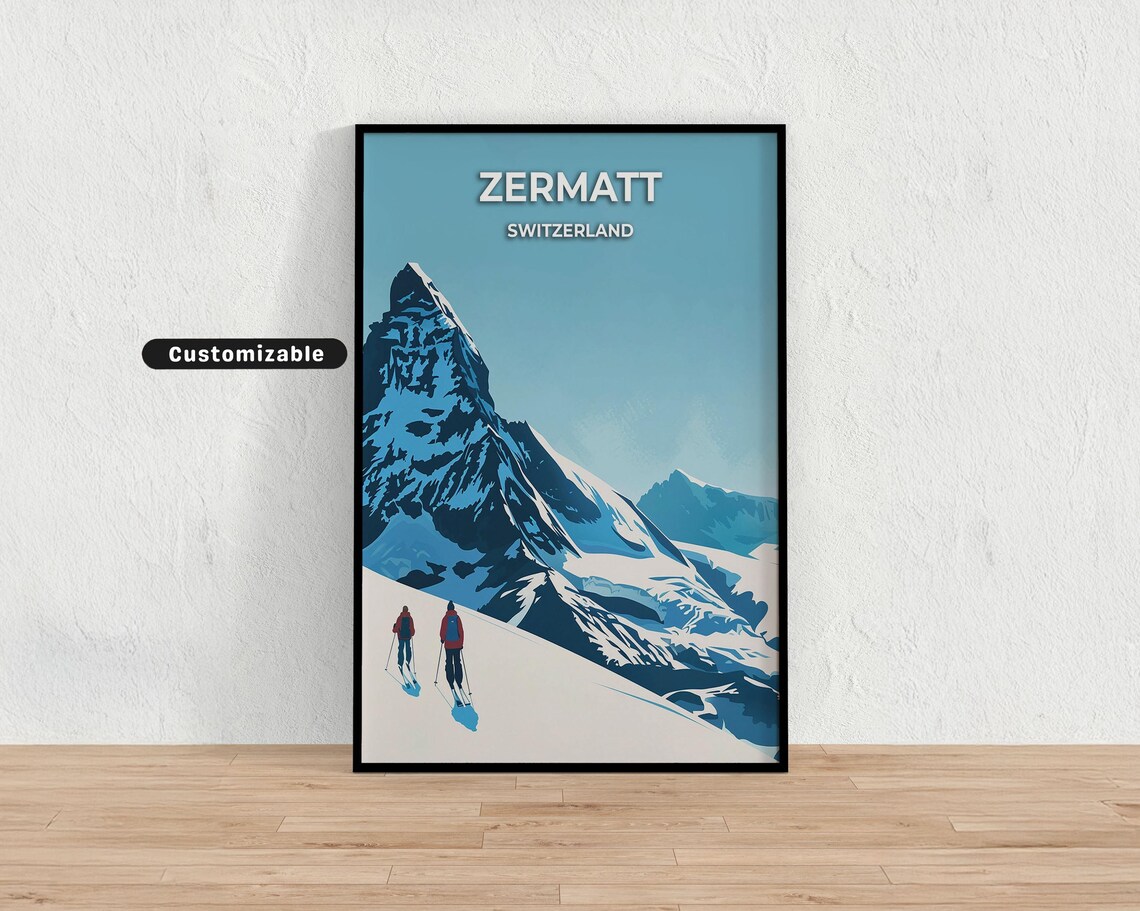 Zermatt Switzerland Matterhorn Peak Skiers Alpine Travel Poster