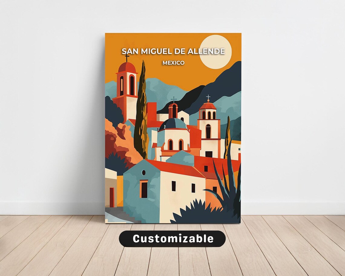 San Miguel de Allende Mexico Church Domes Amber Moon Dusk Travel Poster