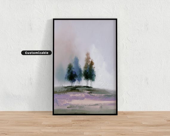 Soft Pastel Landscape With Foggy Trees And Abstract Brushstrokes Neutral Wall Art Print Minimalist Modern Decor