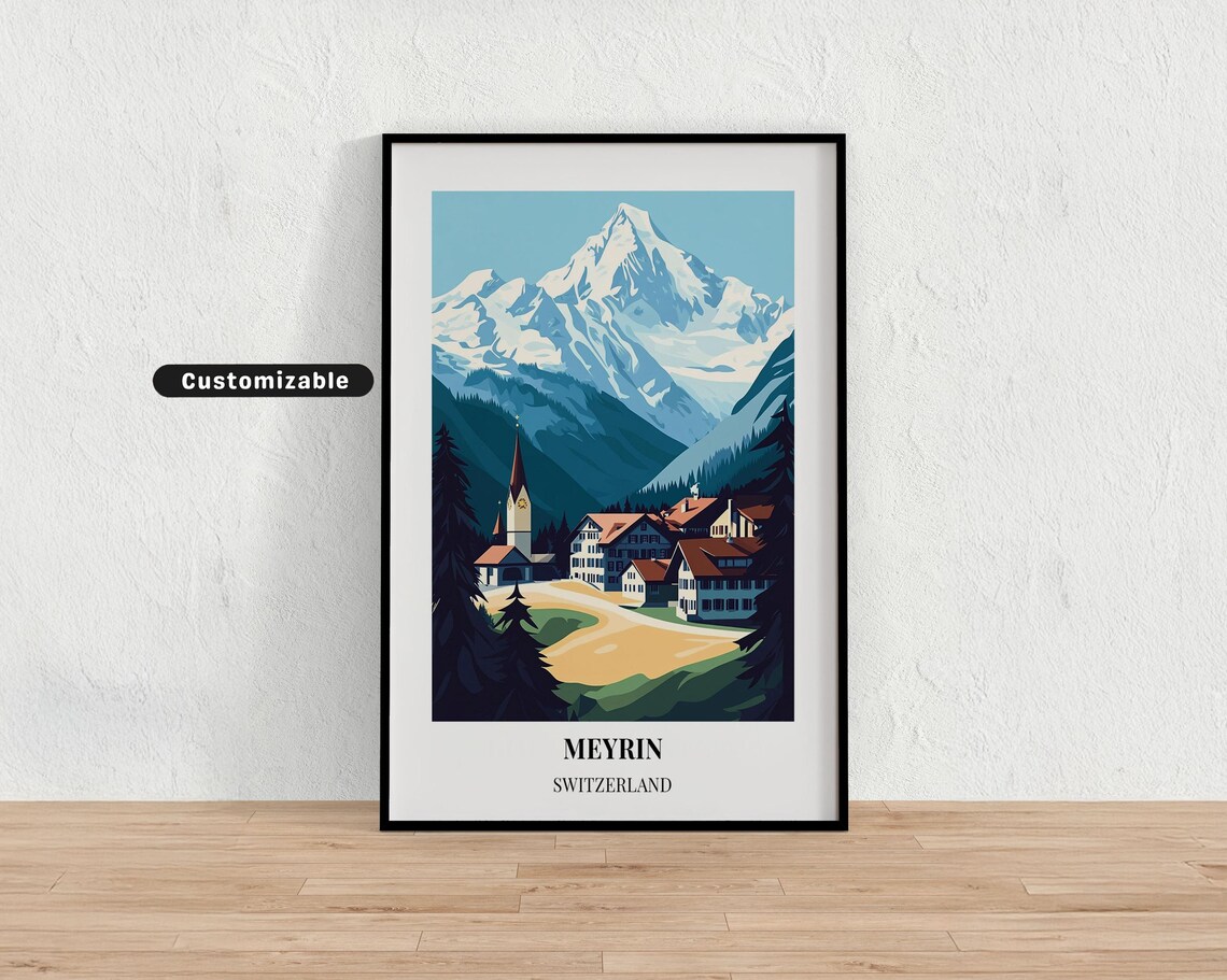 Meyrin Switzerland Alpine Village Snow Peaks Custom Travel Poster