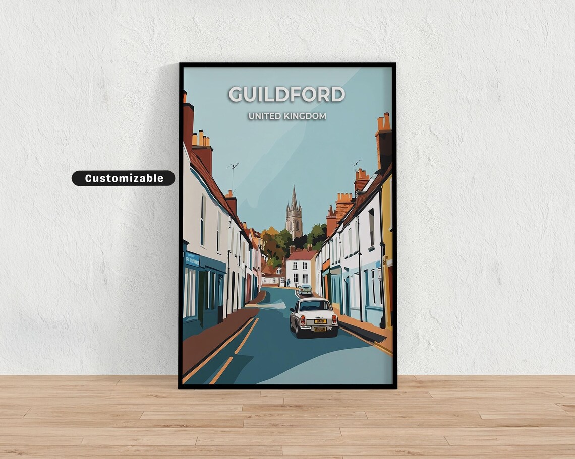 Guildford United Kingdom Vintage Classic Car Street Travel Poster