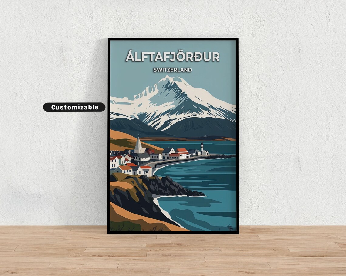 Álftafjörður Switzerland Coastal Town Mountain Travel Poster