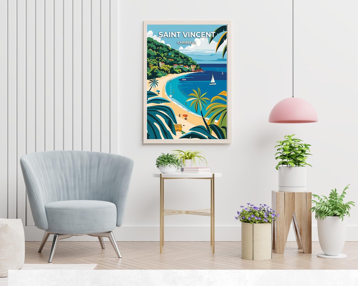 Saint Vincent Caribbean Bay With Sailboats Illustrated Travel Poster - Image 2