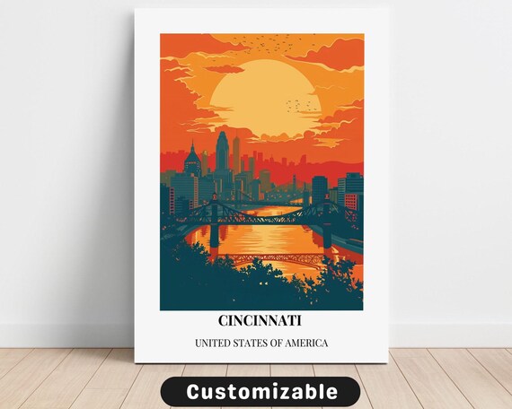 Cincinnati Ohio River Sunset Skyline Travel Illustration Poster