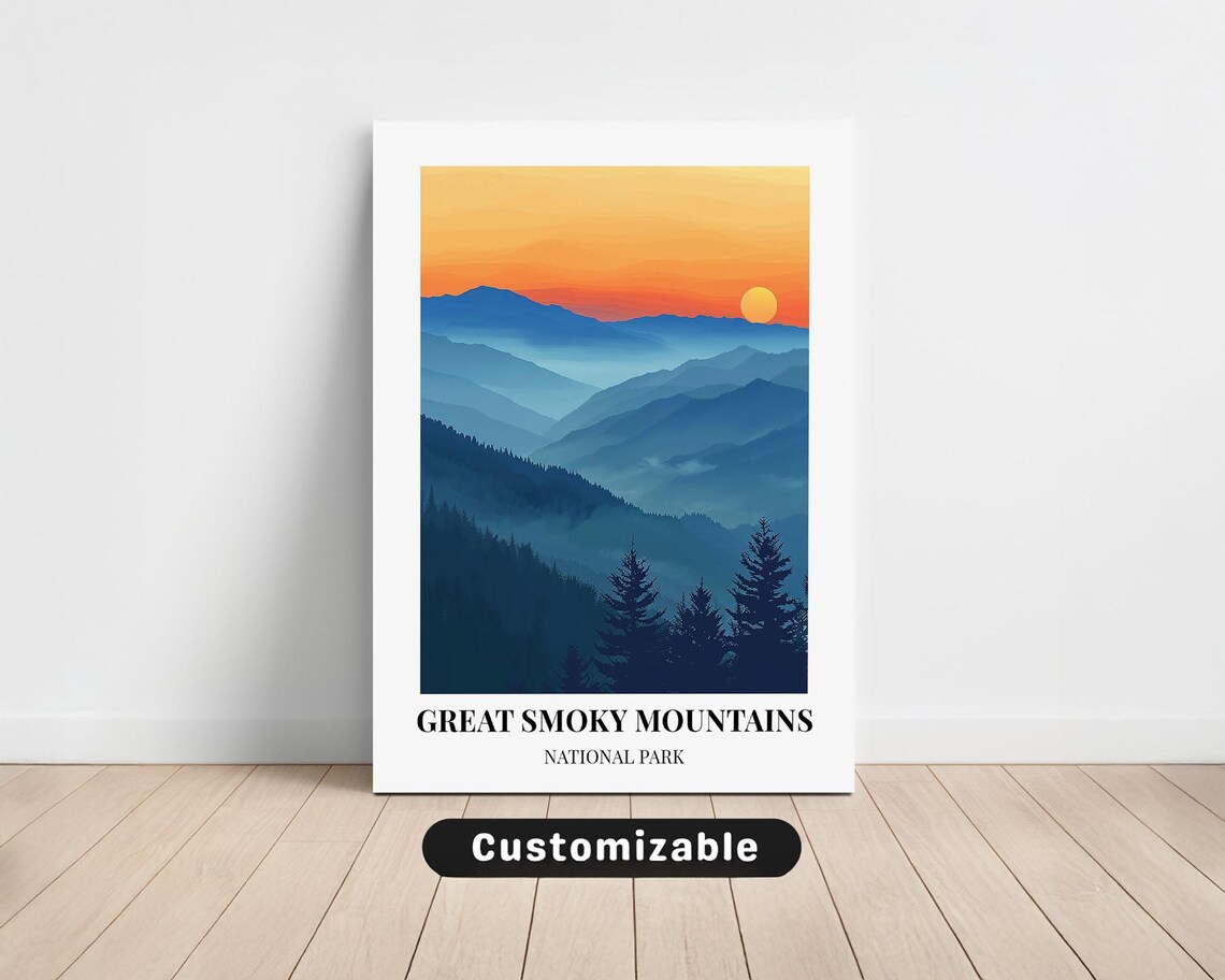 Great Smoky Mountains Sunset Travel Poster with Blue Ridges and Pines