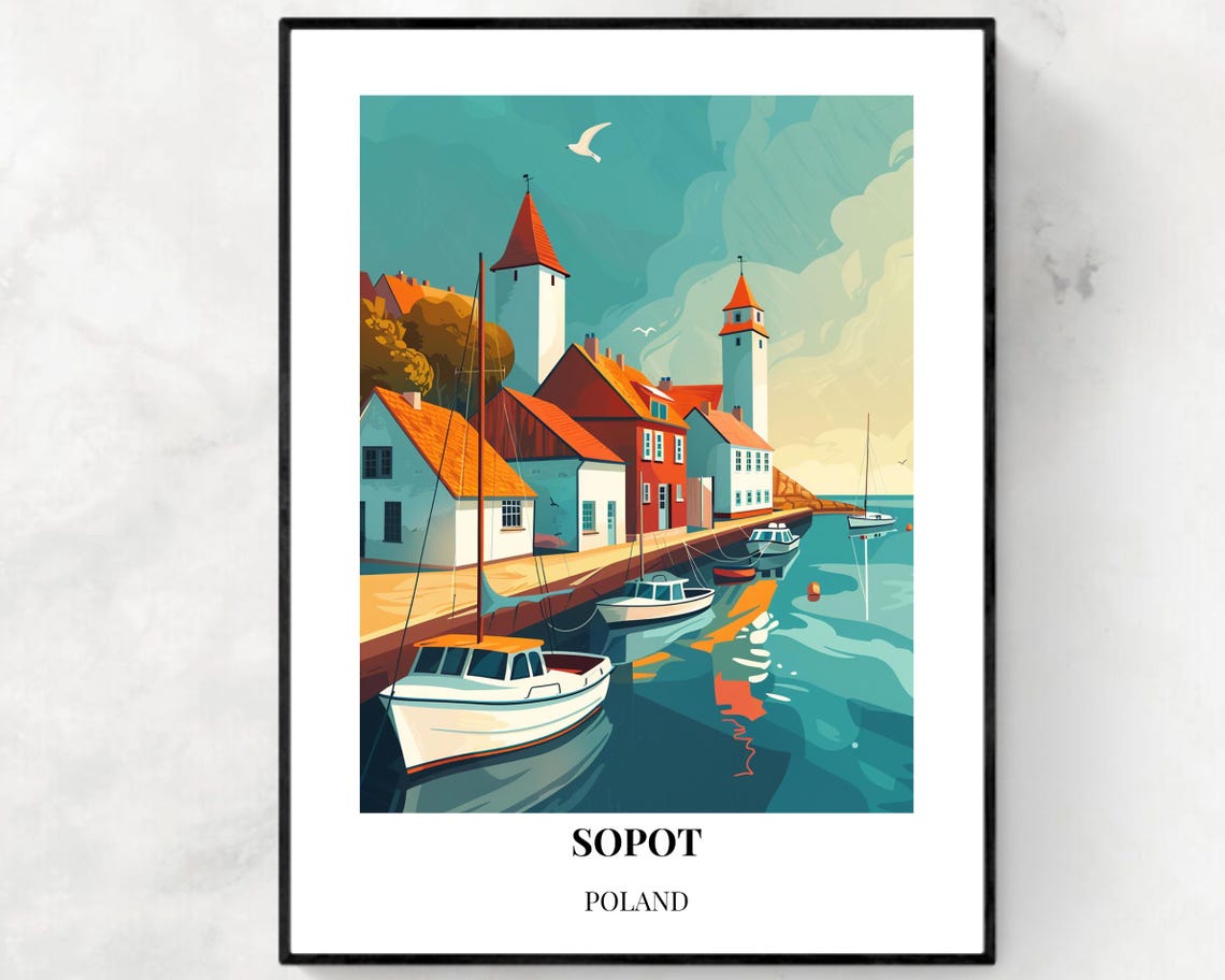 Sopot Poland Lighthouse Harbor Sailing Boats Coastal Travel Poster
