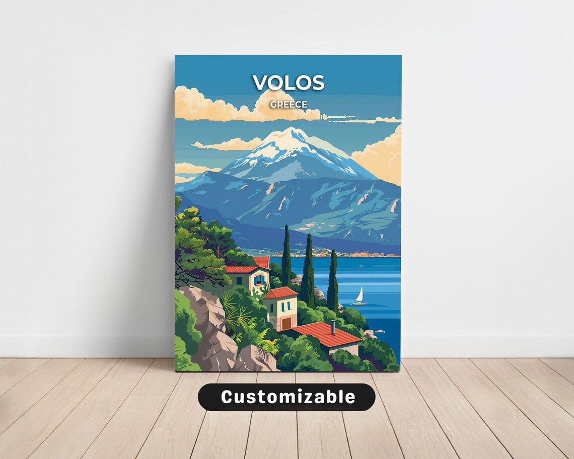Volos Greece Snowy Mountain Seaside Vintage Travel Canvas Poster