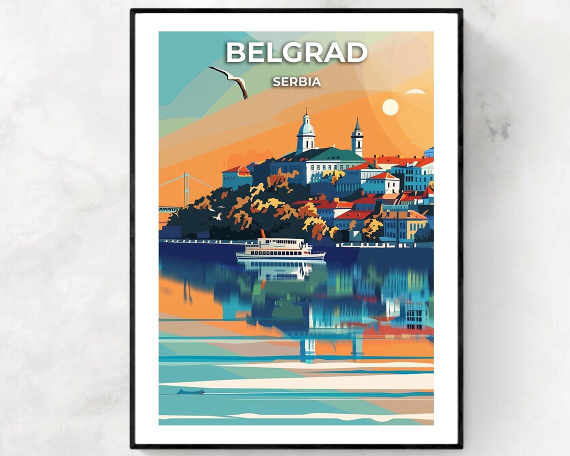Belgrade Serbia River Sunset Skyline Golden Reflection Travel Poster