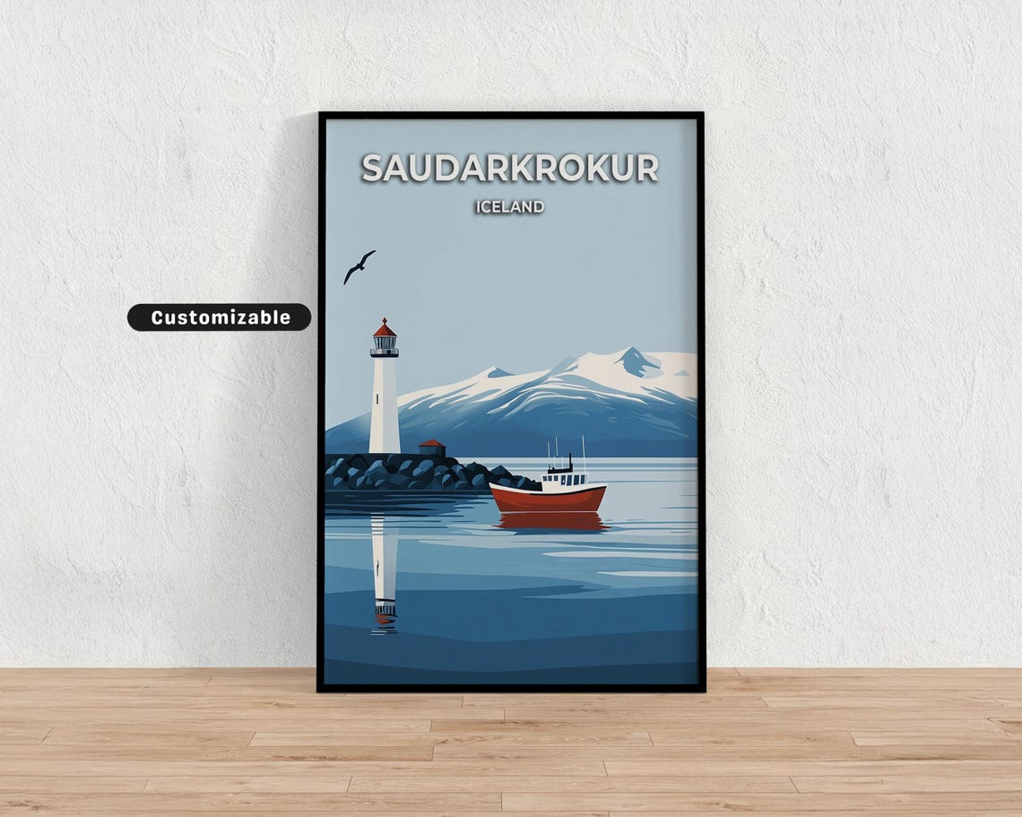 Saudarkrokur Iceland Lighthouse Harbor Vintage Travel Poster