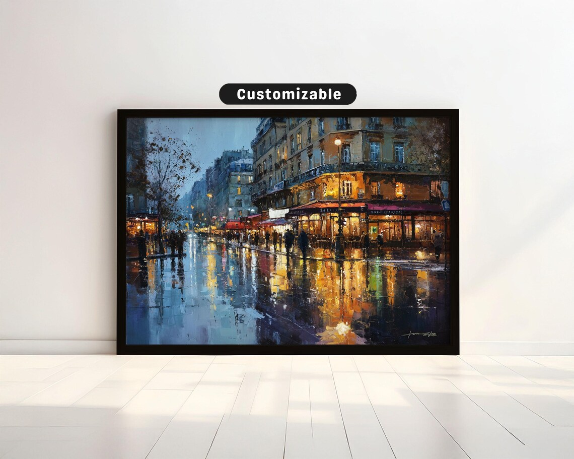 Paris Street Rain Night Romantic Oil Painting Cafe Lights Art Poster
