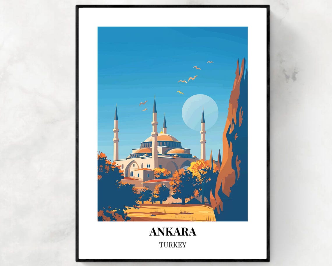 Ankara Turkey Mosque Under Blue Sky with Flying Birds Poster