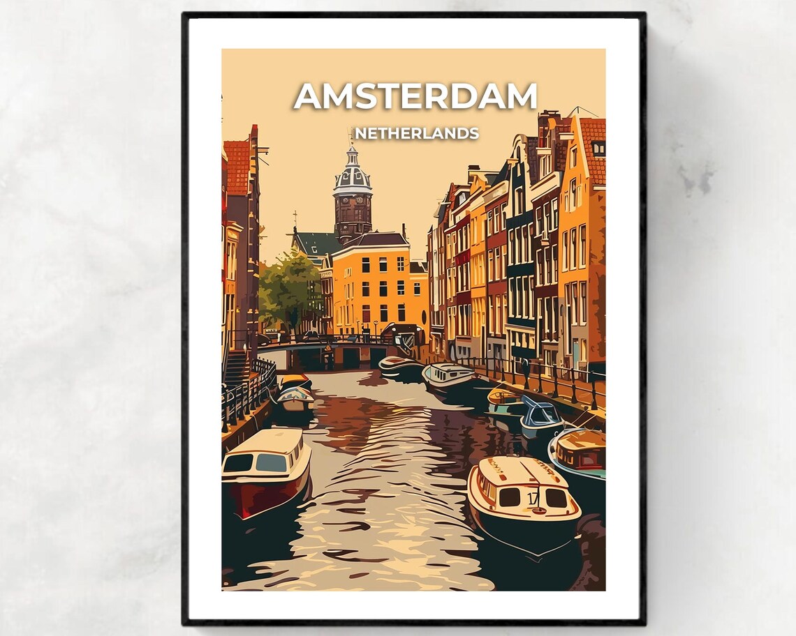 Amsterdam Netherlands Canal Boats Golden Retro Travel Poster