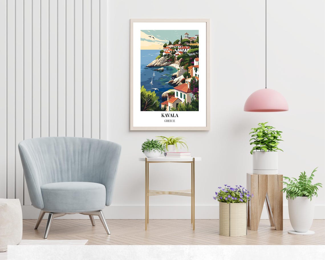 Kavala Greece Whitewashed Hillside Seaside Village Travel Poster - Image 2