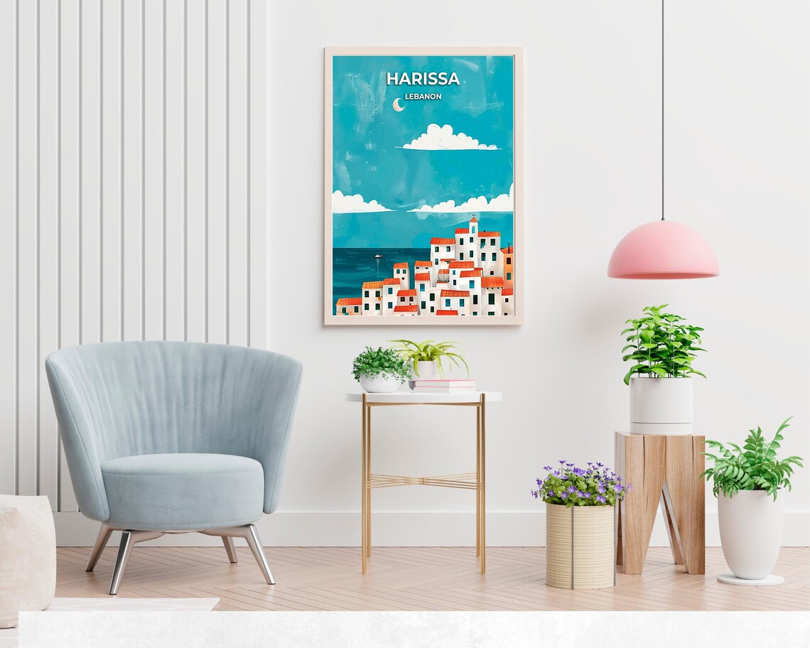 Harissa Lebanon White Village Red Roofs Sea View Travel Poster - Image 2