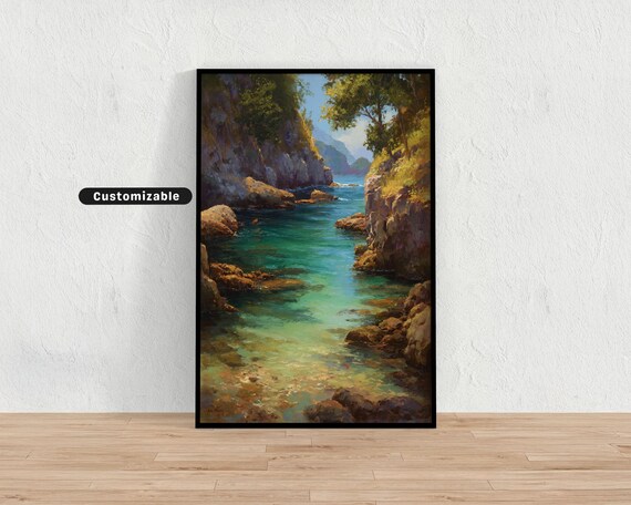 Secluded Rocky Cove Clear Turquoise Water Oil Painting Print