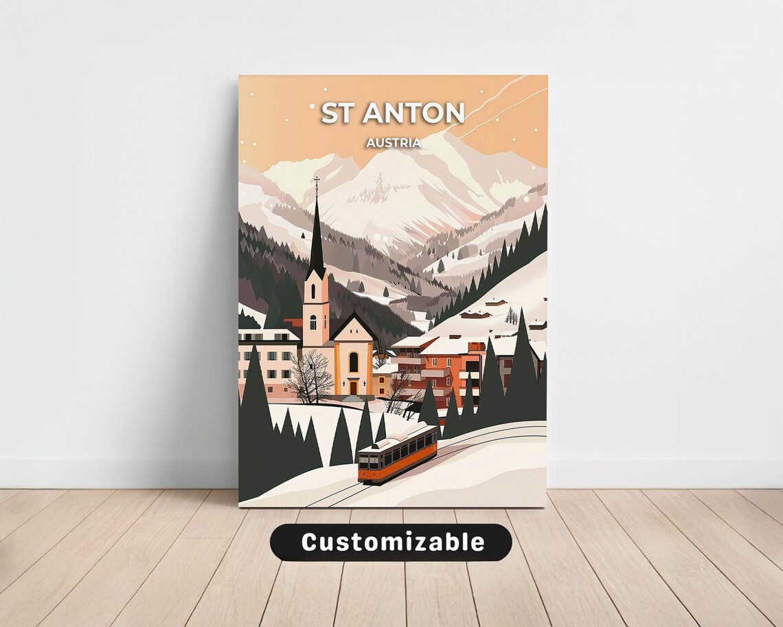 St Anton Austria Snowy Alpine Village Train Vintage Travel Poster