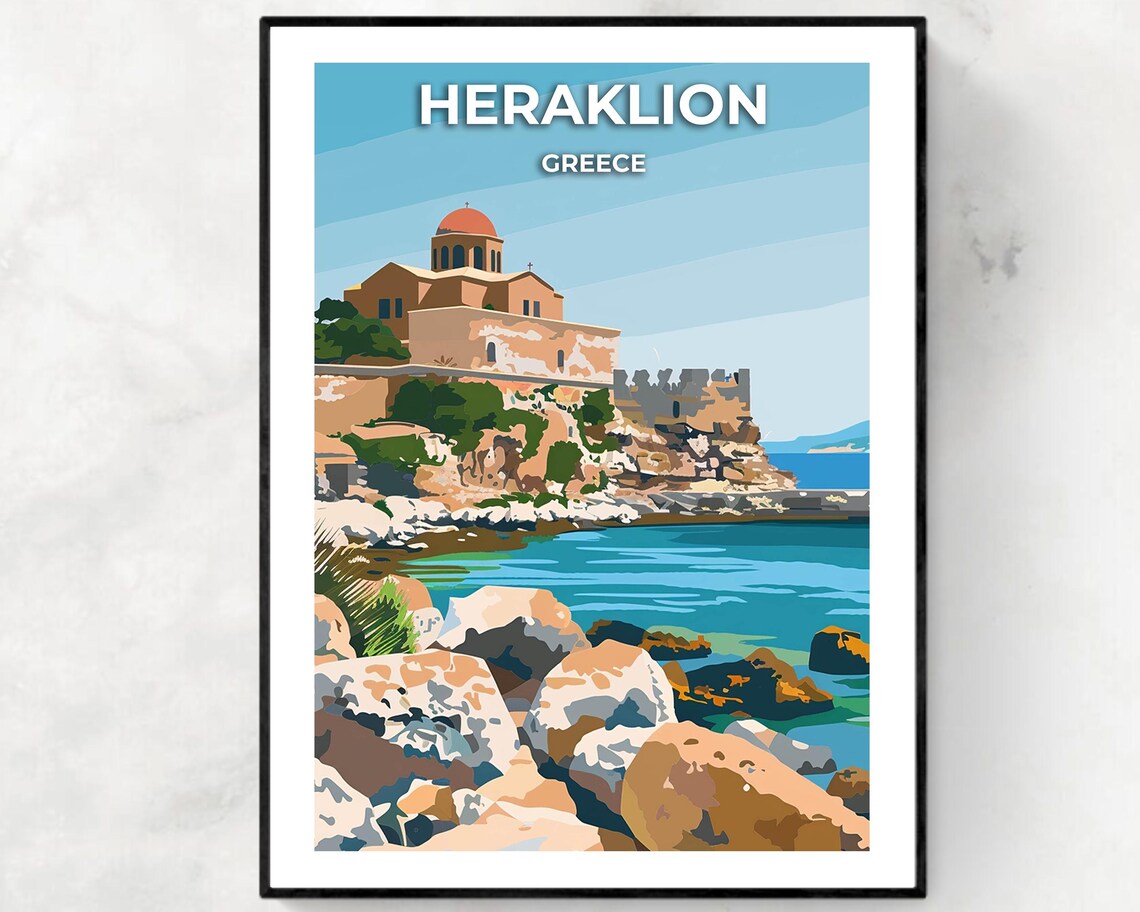 Heraklion Greece Coastal Church Red Dome Fortress Walls Poster