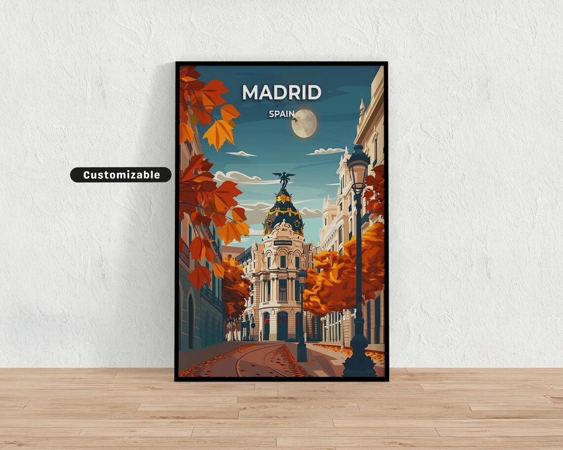 Madrid Spain Fall Autumn Vintage Metropolis Building Travel Poster