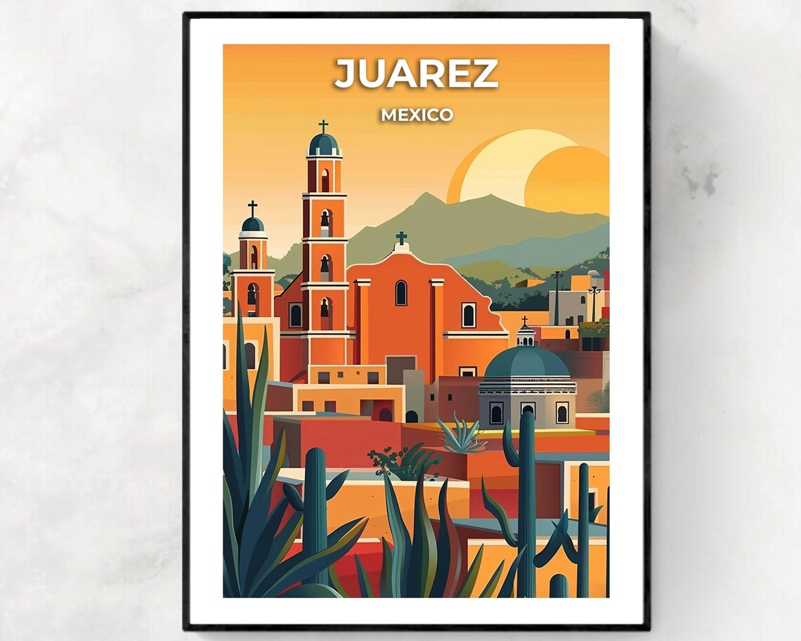 Juarez Mexico Orange Church Sunset Agave Desert Travel Poster