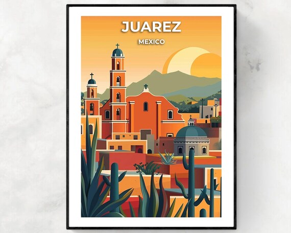 Juarez Mexico Orange Church Sunset Agave Desert Travel Poster