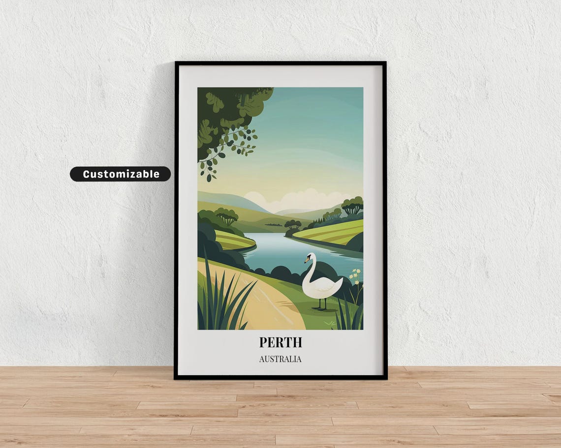 Perth Australia Swan River Serene Hills Wildlife Travel Poster