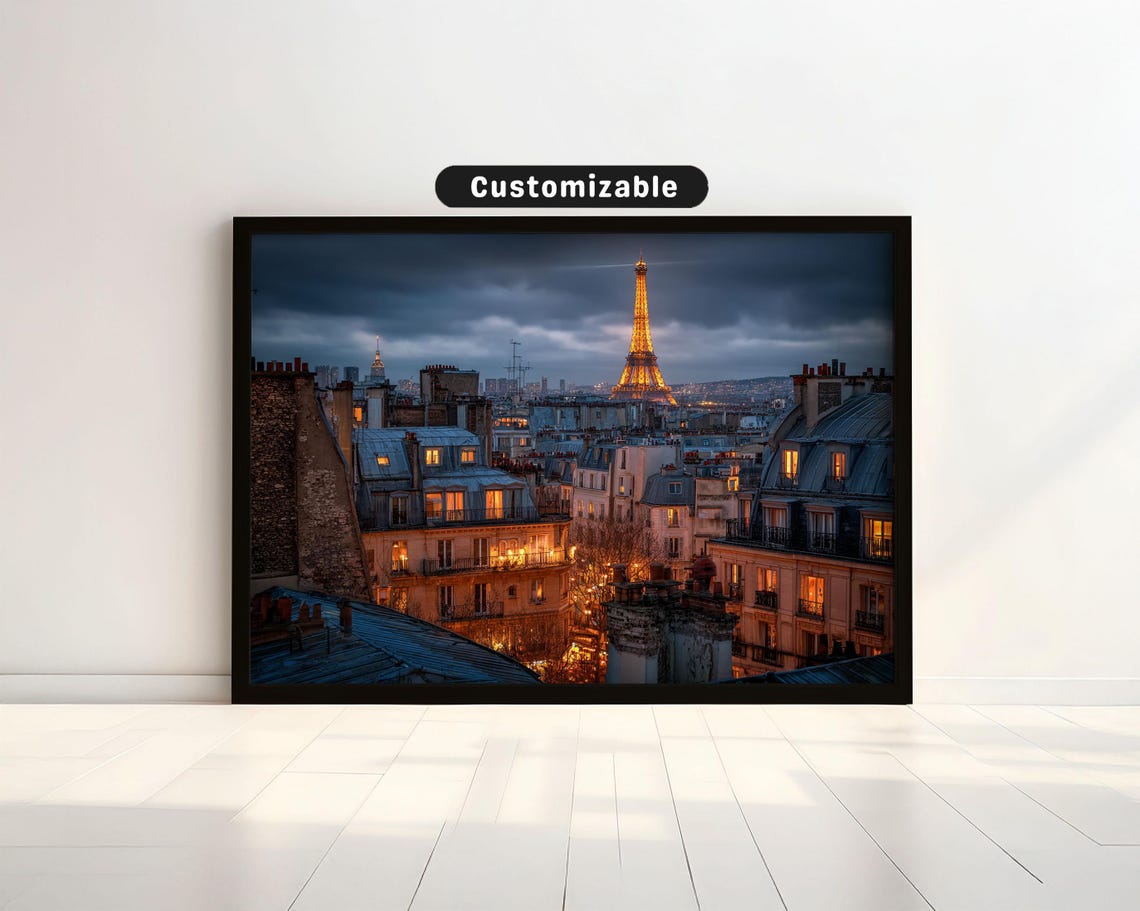 Paris Rooftops At Dusk With Glowing Eiffel Tower Travel Poster