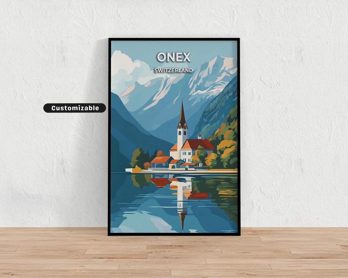 Onex Switzerland Lakeside Church Alpine Lake Custom Travel Poster