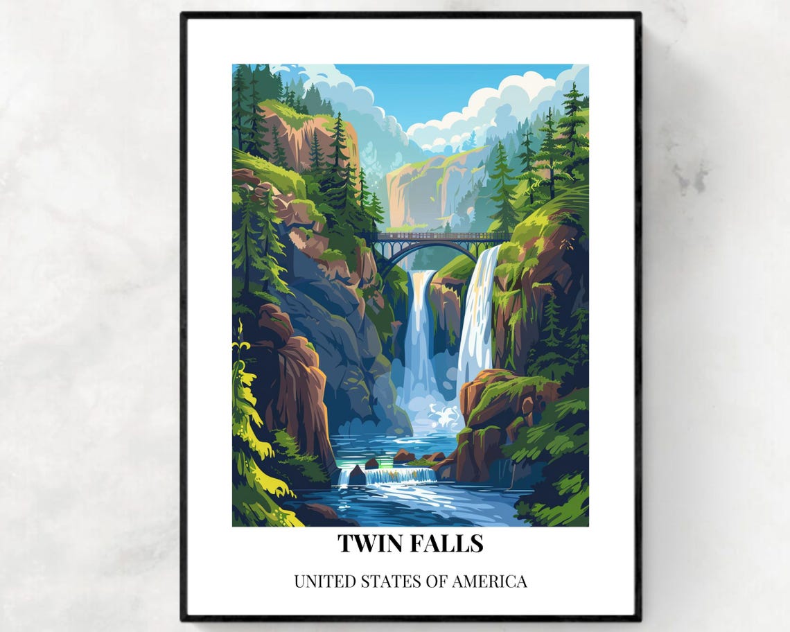 Twin Falls Waterfall Bridge Forest Bottom Caption Travel Poster