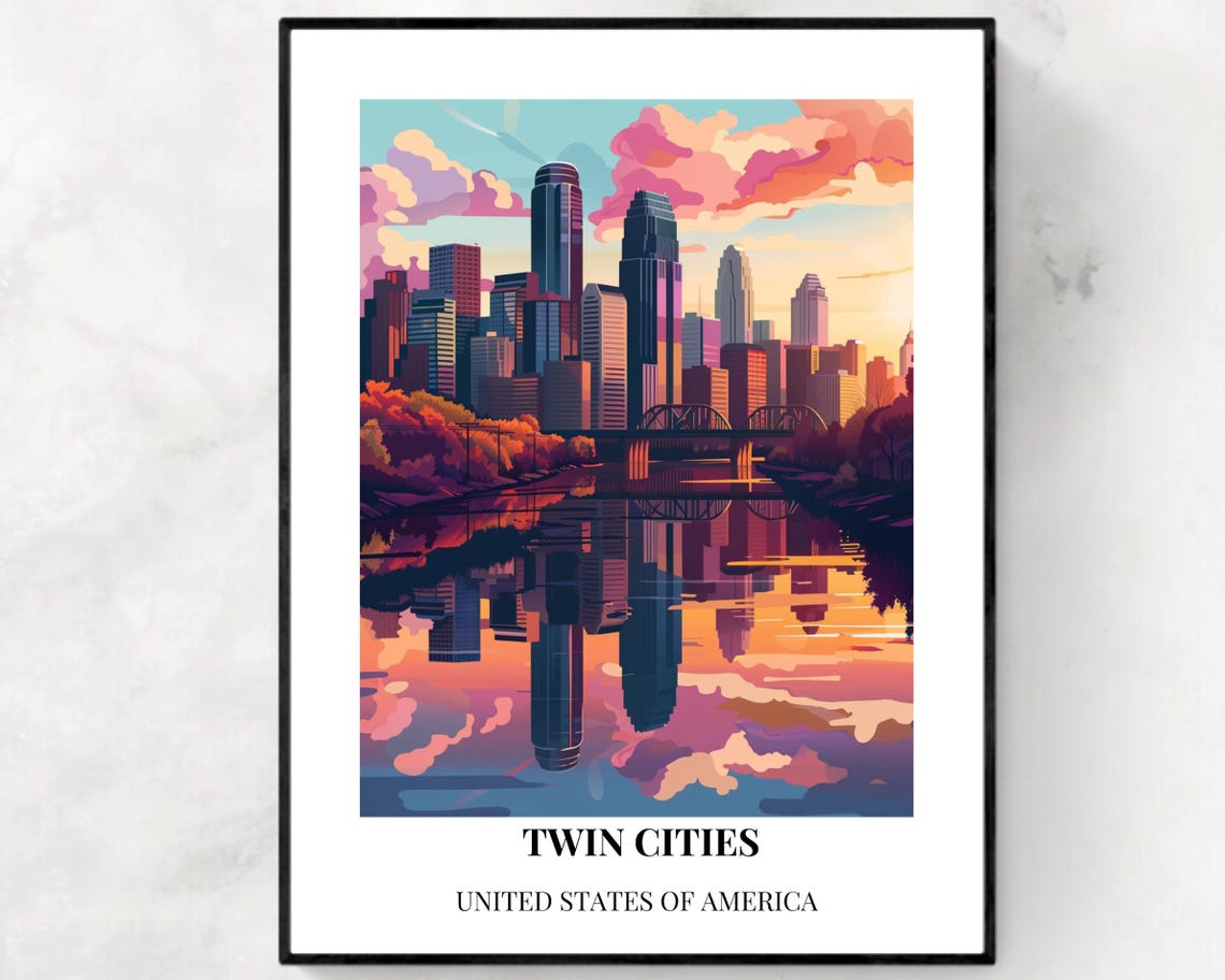 Twin Cities Minnesota Skyline River Sunset Reflection Poster