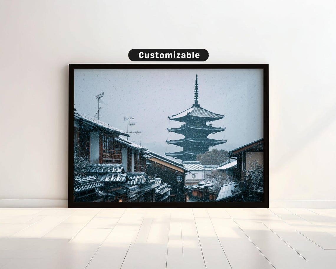 Tiled Rooftops Of Nara Temples Under Soft Snowfall Japanese Wall Art Print Zen Asian Decor