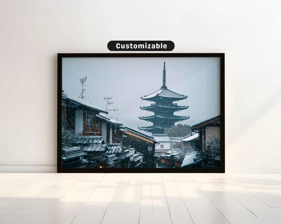 Tiled Rooftops Of Nara Temples Under Soft Snowfall Japanese Wall Art Print Zen Asian Decor