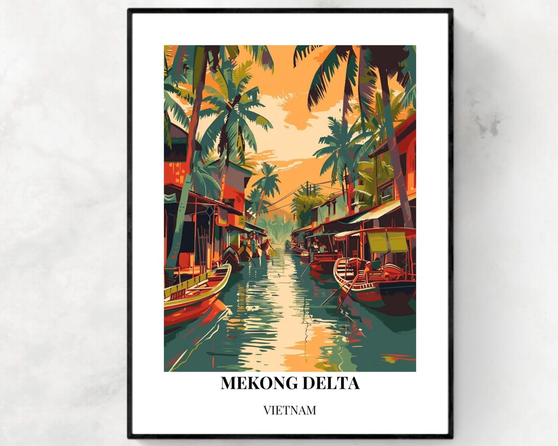 Mekong Delta Floating Market Boats Vietnam Sunset Travel Poster