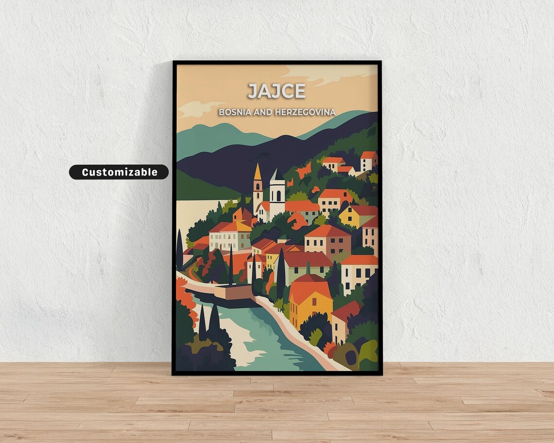 Jajce Bosnia And Herzegovina Travel Poster Hillside Town Churches Art