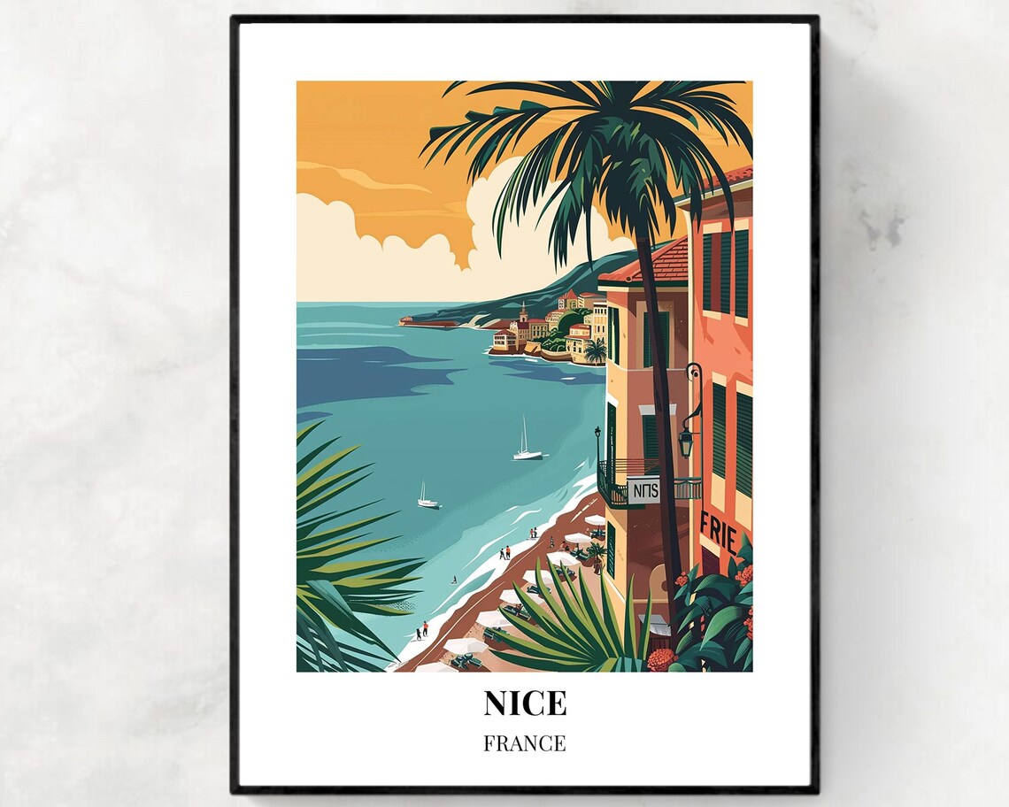 Nice France Riviera Beach Promenade with Tall Palm Trees Poster