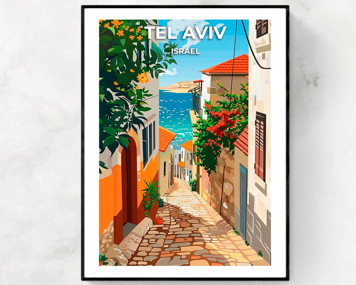 Tel Aviv Israel Jaffa Old Town Alley Flowers Sea View Travel Poster