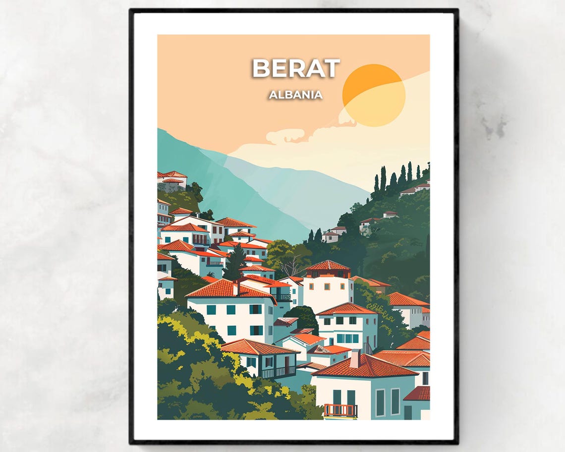 Berat Albania Ottoman Hillside Old Town Vintage Travel Poster