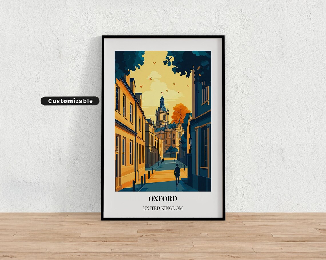 Oxford United Kingdom Golden Street College Tower Sunset Travel Poster