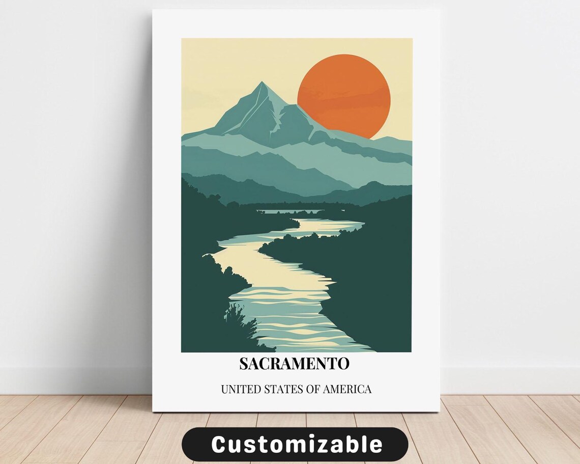 Sacramento California Mountain River Sunset Retro Travel Poster Art