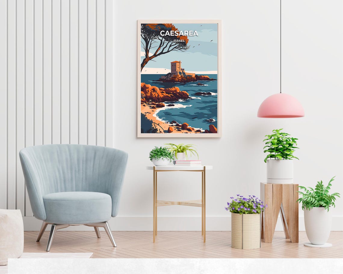 Caesarea Israel Cliff Castle Beach Golden Sunset Waves Poster - Image 2